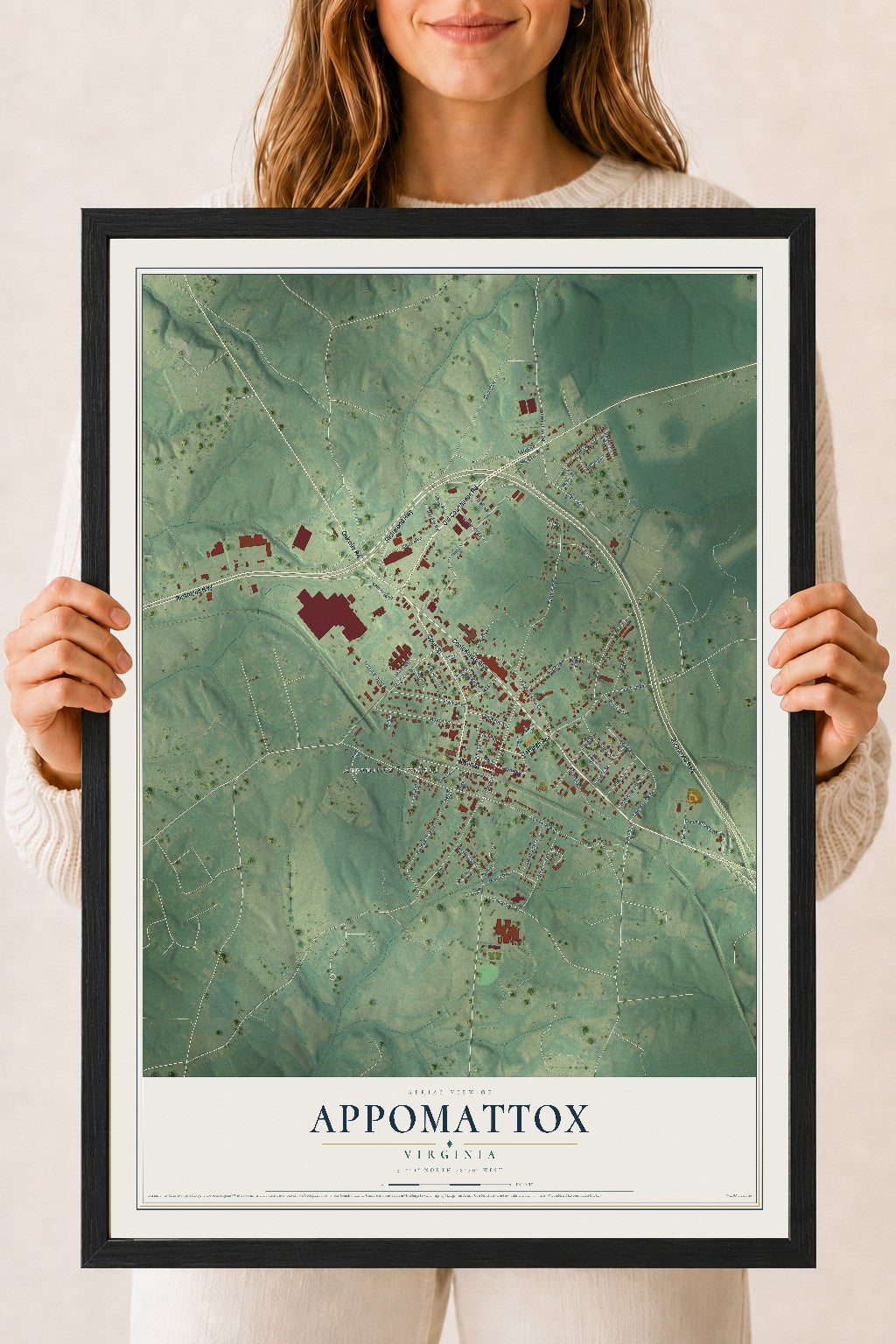Map of Appomattox, Virginia, 18 x 24 inch print in a black wood frame