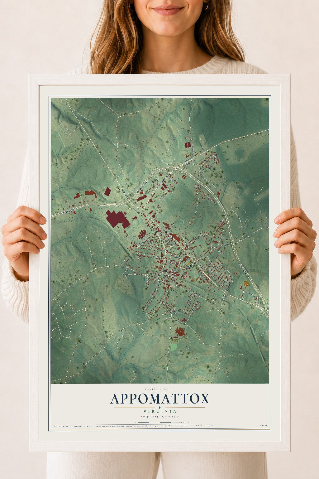 Map of Appomattox, Virginia, 18 x 24 inch print in a white wood frame