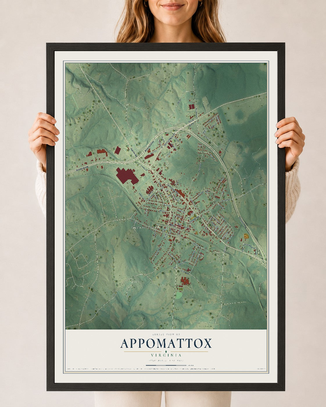 Map of Appomattox, Virginia, 24 x 36 inch print in a black wood frame