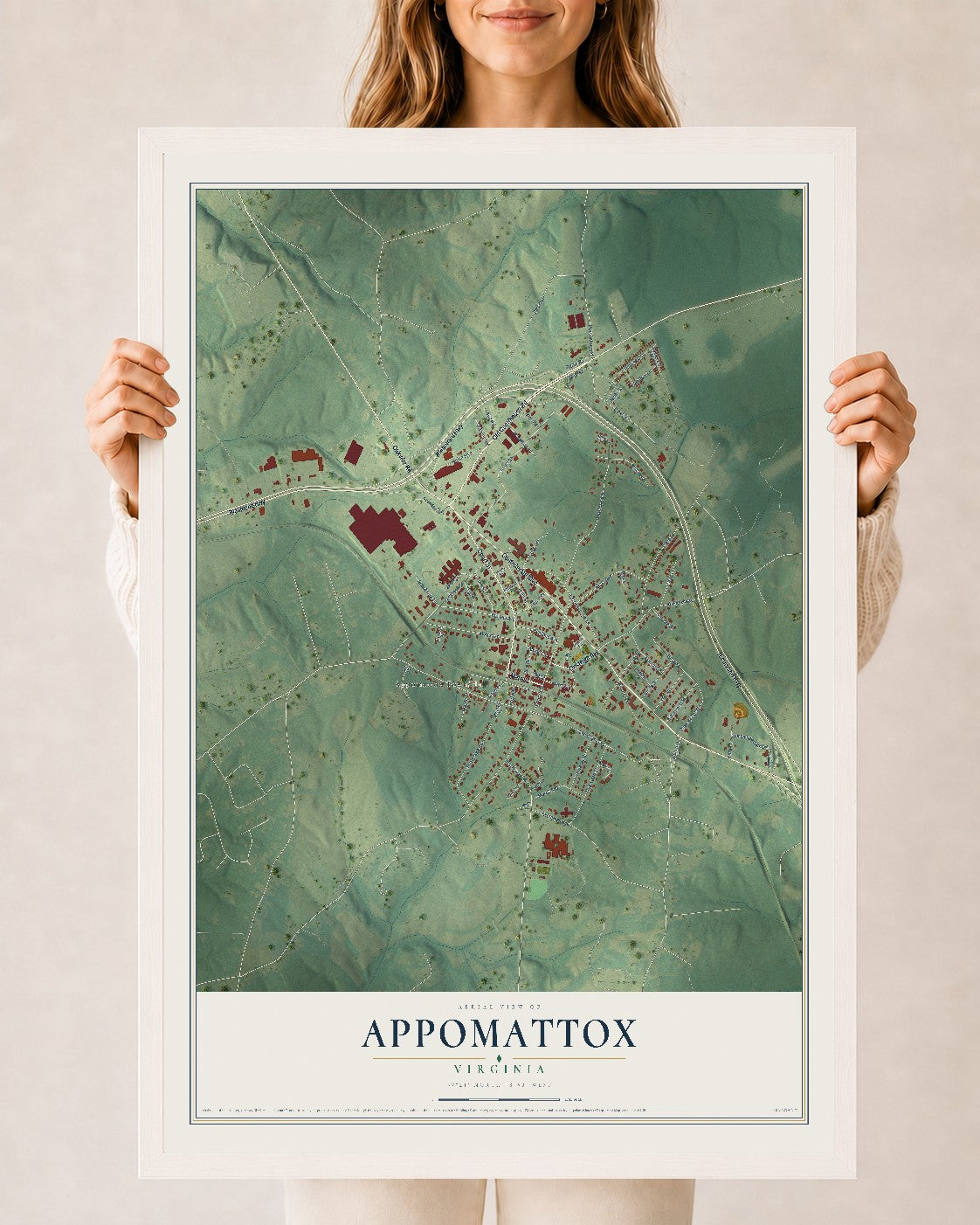 Map of Appomattox, Virginia, 24 x 36 inch print in a white wood frame