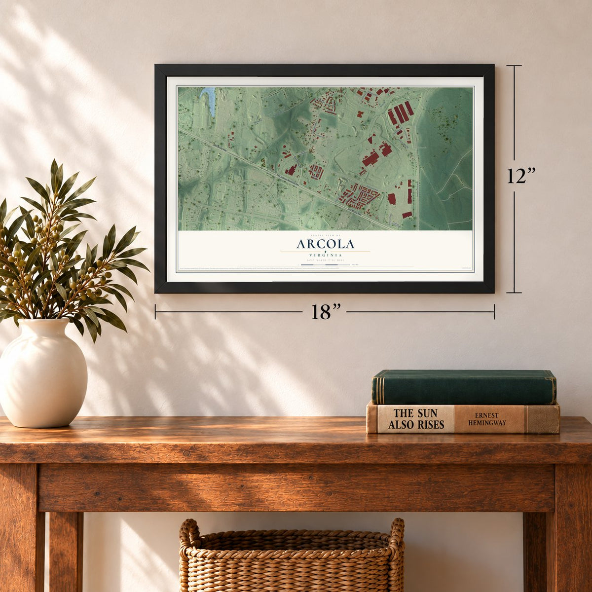 Arcola, Virginia map, 12 x 18 inch print in a black frame in an entryway