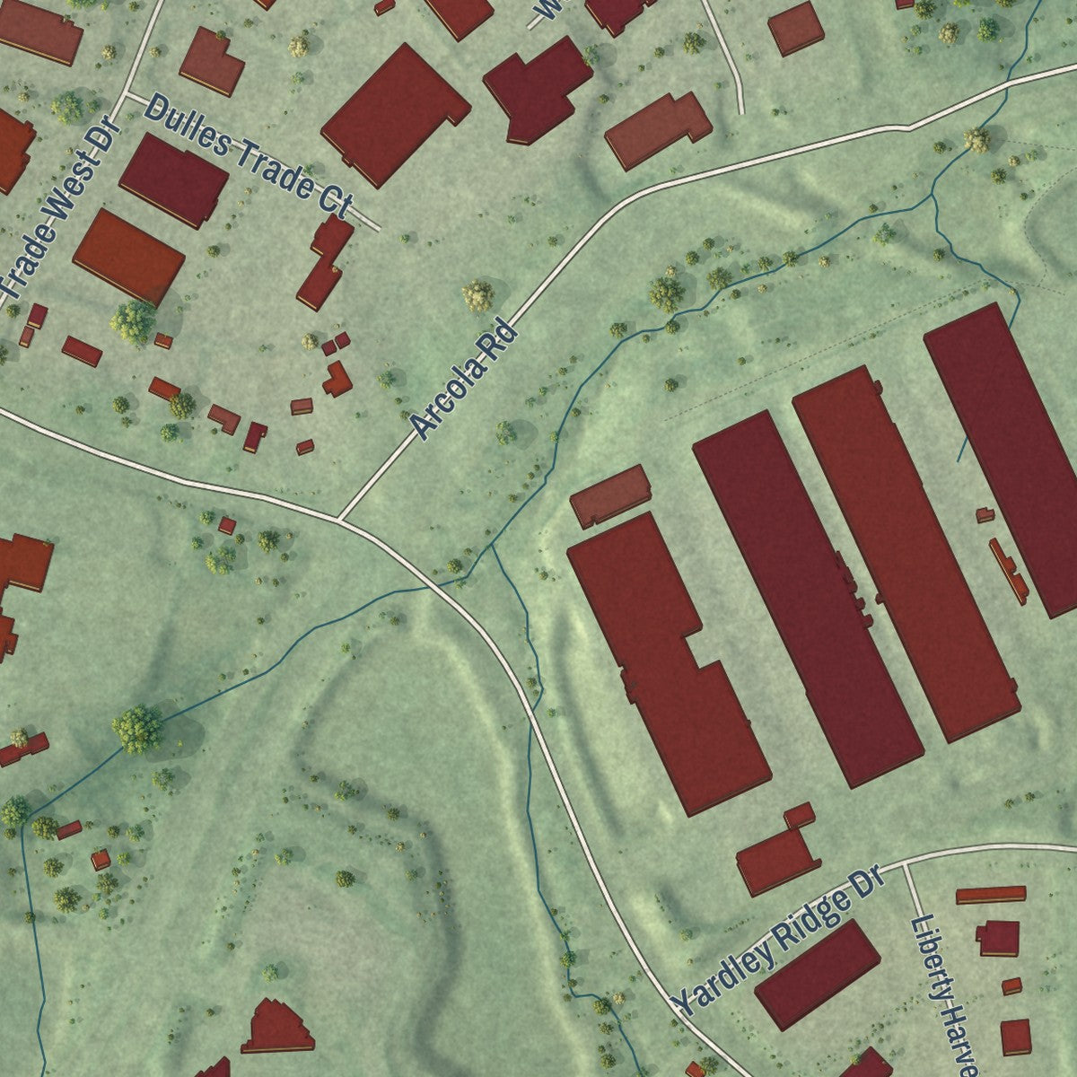 Close-up of the map of Arcola, Virginia print showing street and building detail