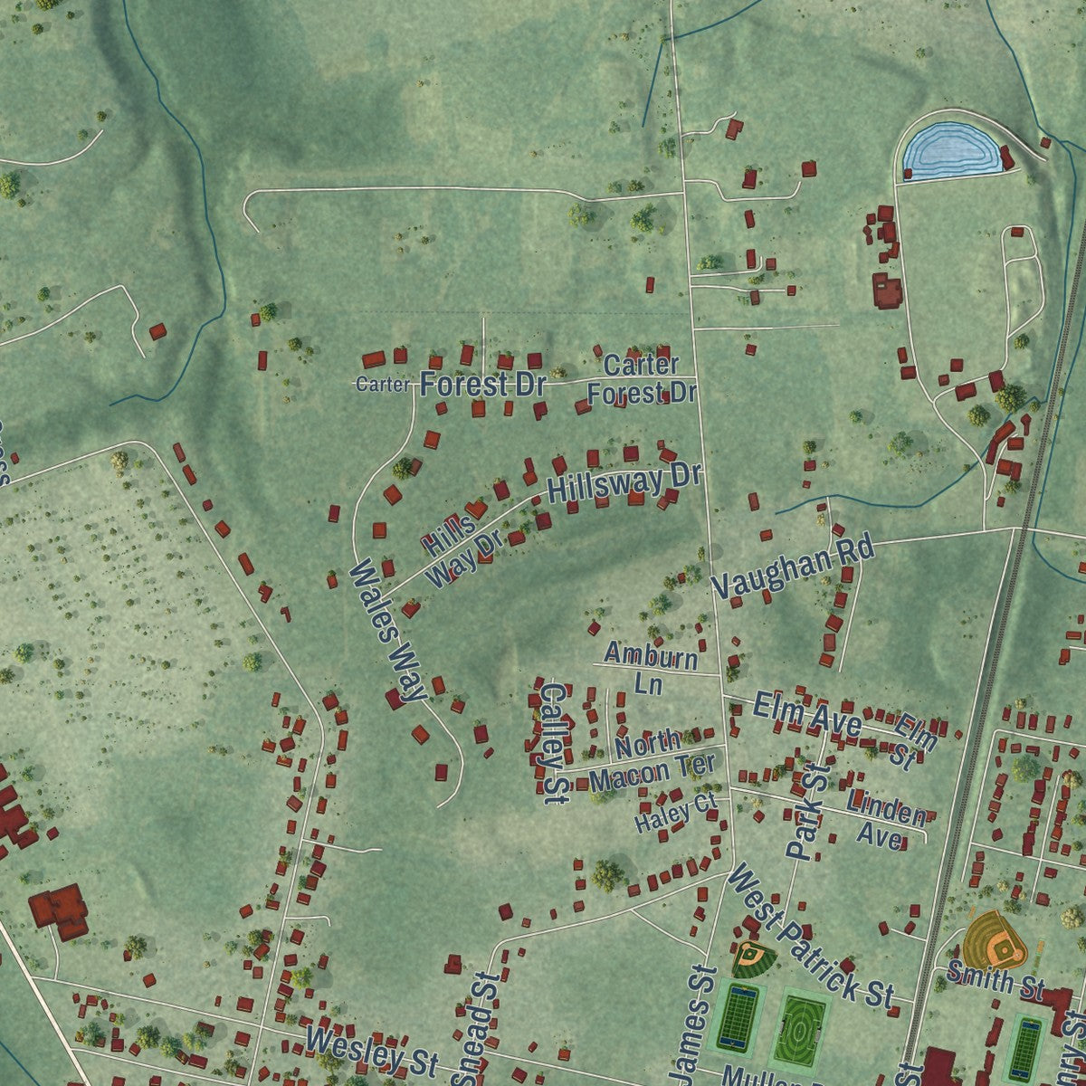 Second close-up of the map of Ashland, Virginia print showing more streets and buildings