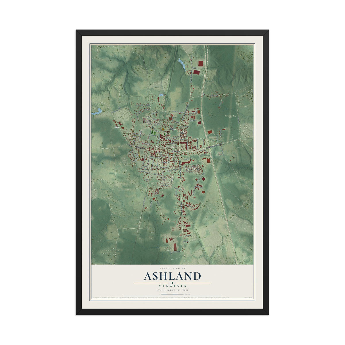 Map of Ashland, Virginia, 12 x 18 inch print in a black wood frame