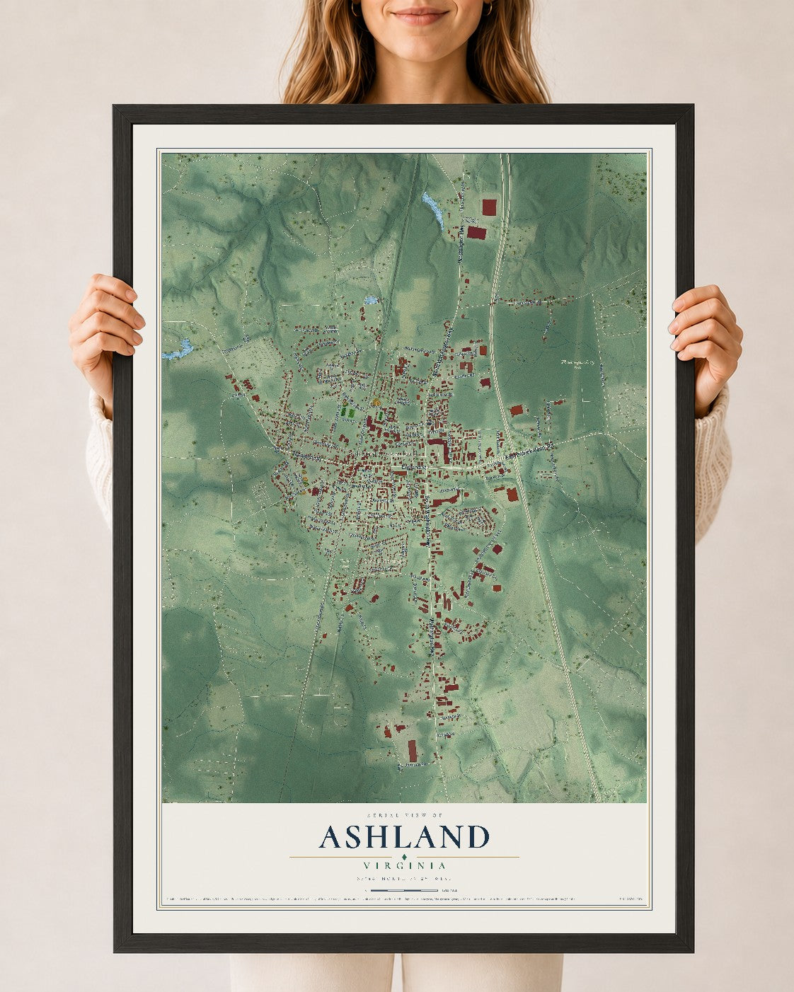 Map of Ashland, Virginia, 24 x 36 inch print in a black wood frame