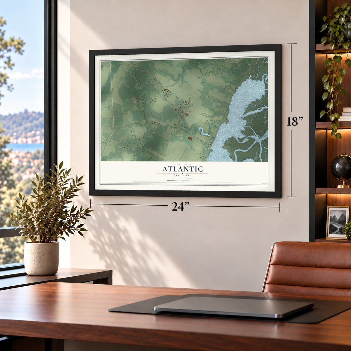 Atlantic, Virginia map, 18 x 24 inch print in a black frame in a home office