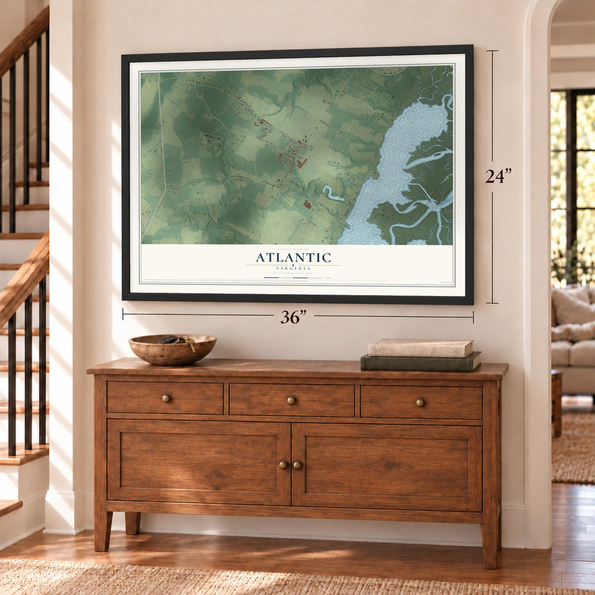 Atlantic, Virginia map, 24 x 36 inch print in a black frame above a dresser by a staircase