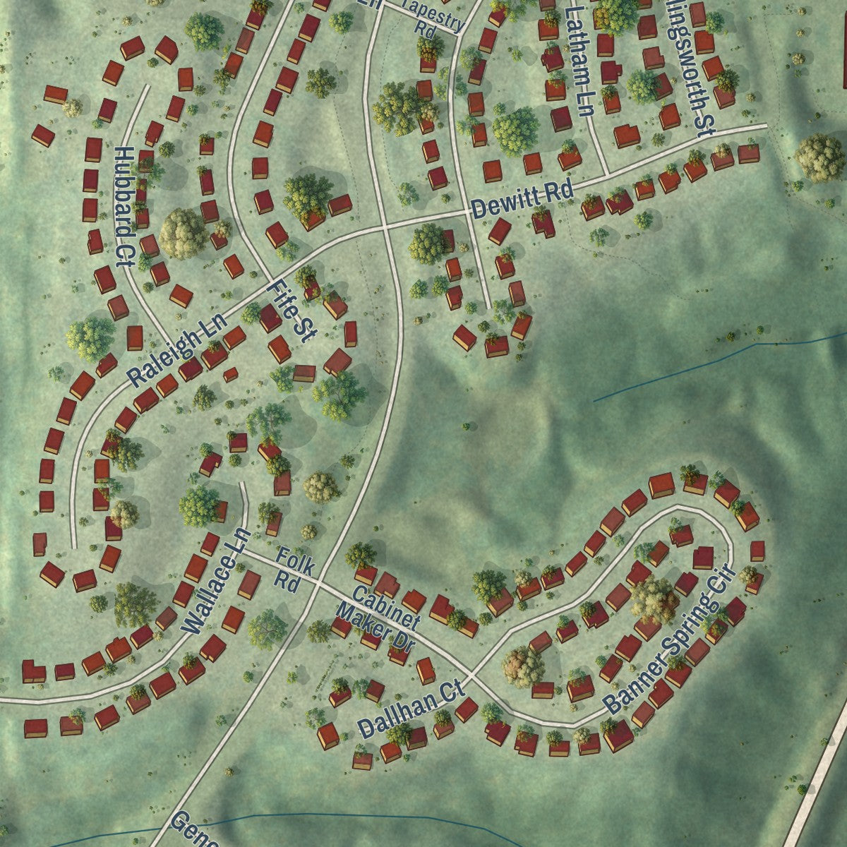 Close-up of the map of Austin Ridge, Virginia print showing street and building detail