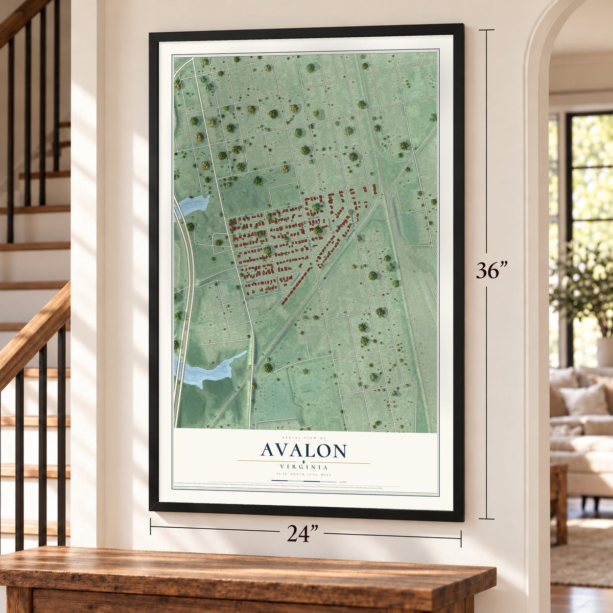 Avalon, Virginia map, 24 x 36 inch print in a black frame by a staircase