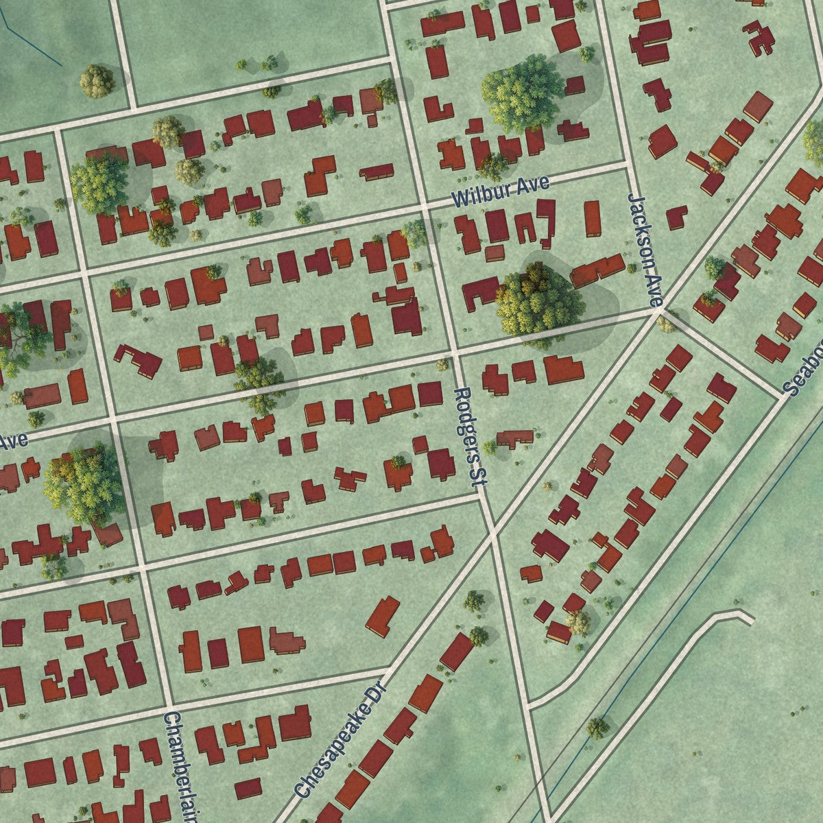 Close-up of the map of Avalon, Virginia print showing street and building detail