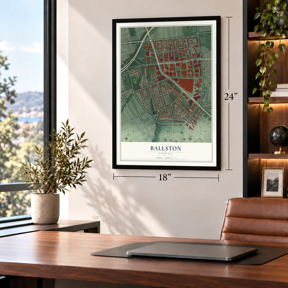 Ballston, Virginia map, 18 x 24 inch print in a black frame in a home office