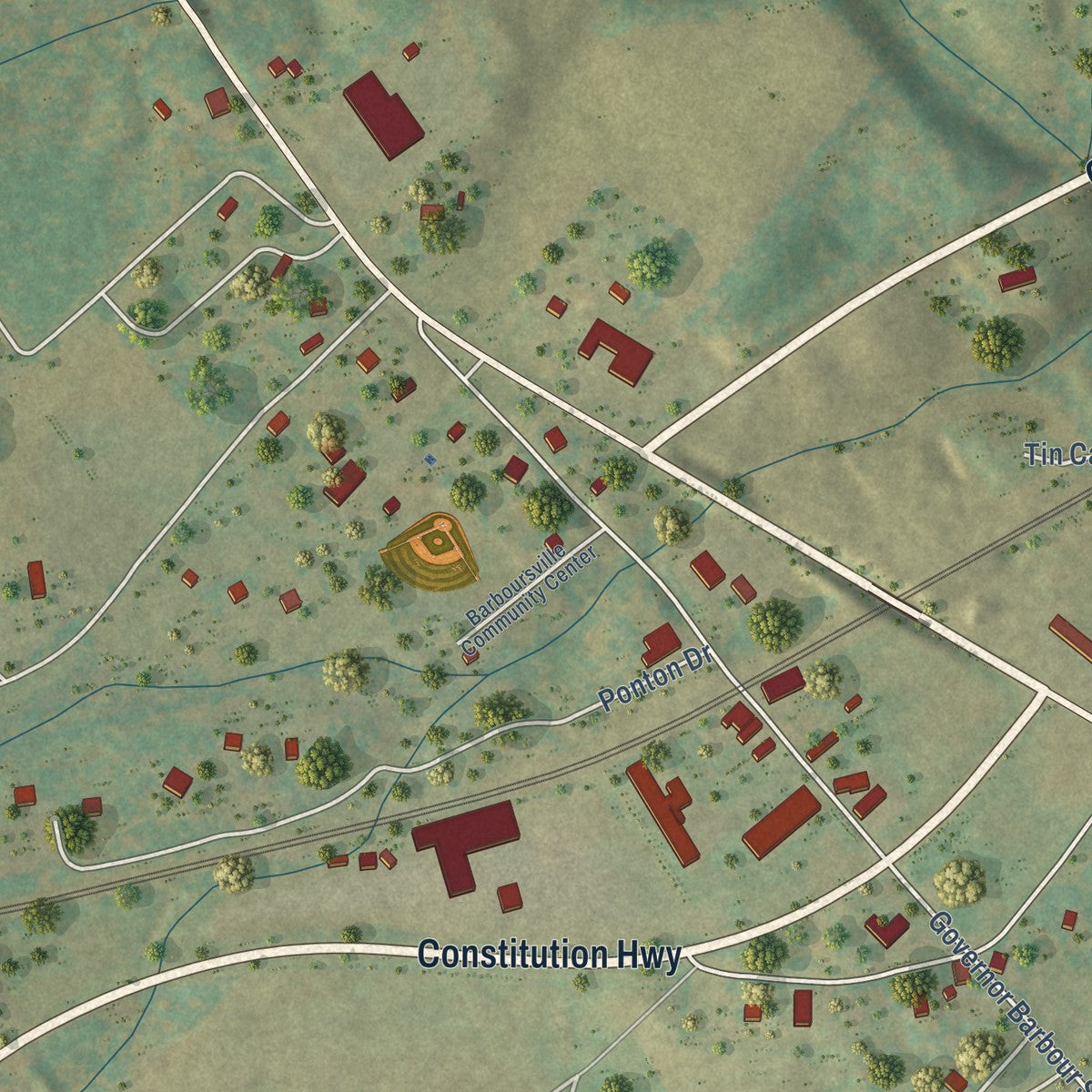 Close-up of the map of Barboursville, Virginia print showing street and building detail