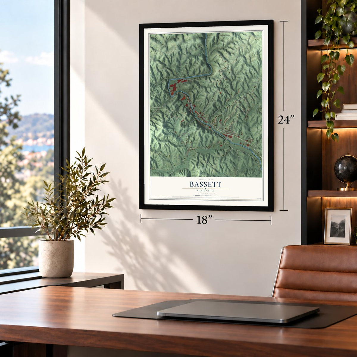 Bassett, Virginia map, 18 x 24 inch print in a black frame in a home office