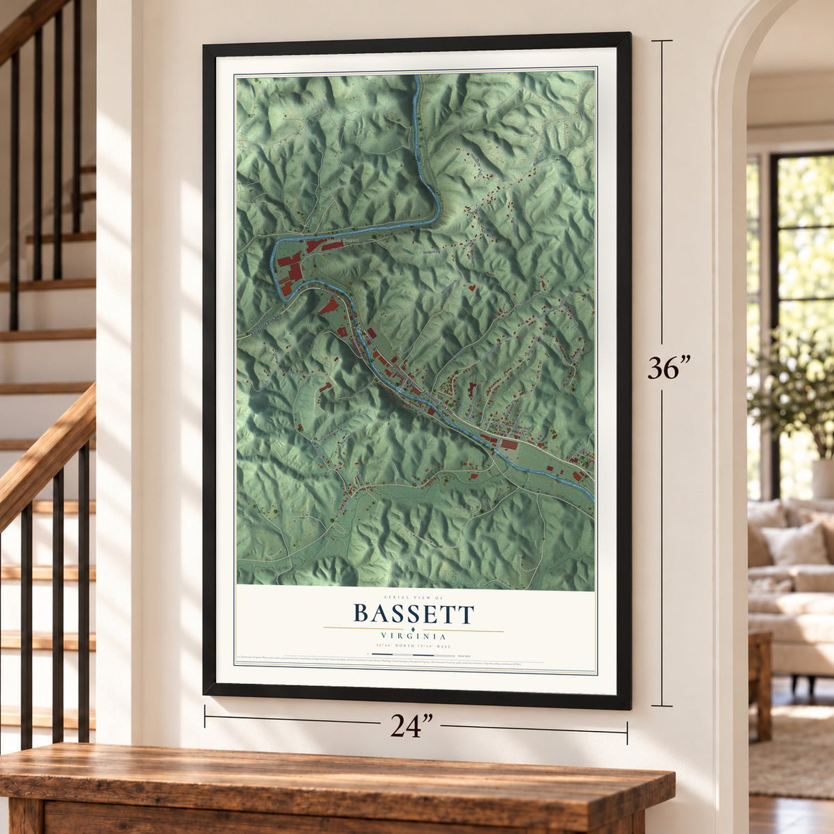 Bassett, Virginia map, 24 x 36 inch print in a black frame by a staircase