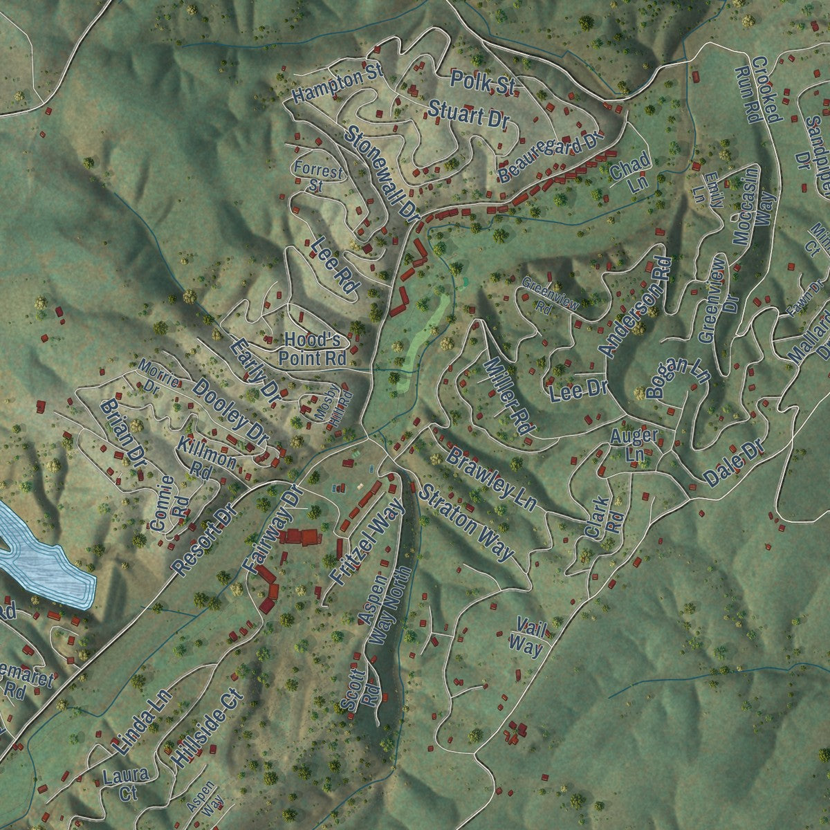 Close-up of the map of Basye, Virginia print showing street and building detail