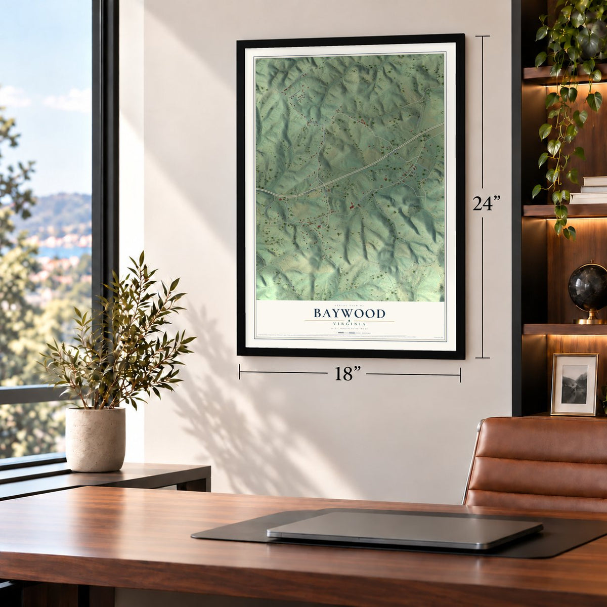 Baywood, Virginia map, 18 x 24 inch print in a black frame in a home office