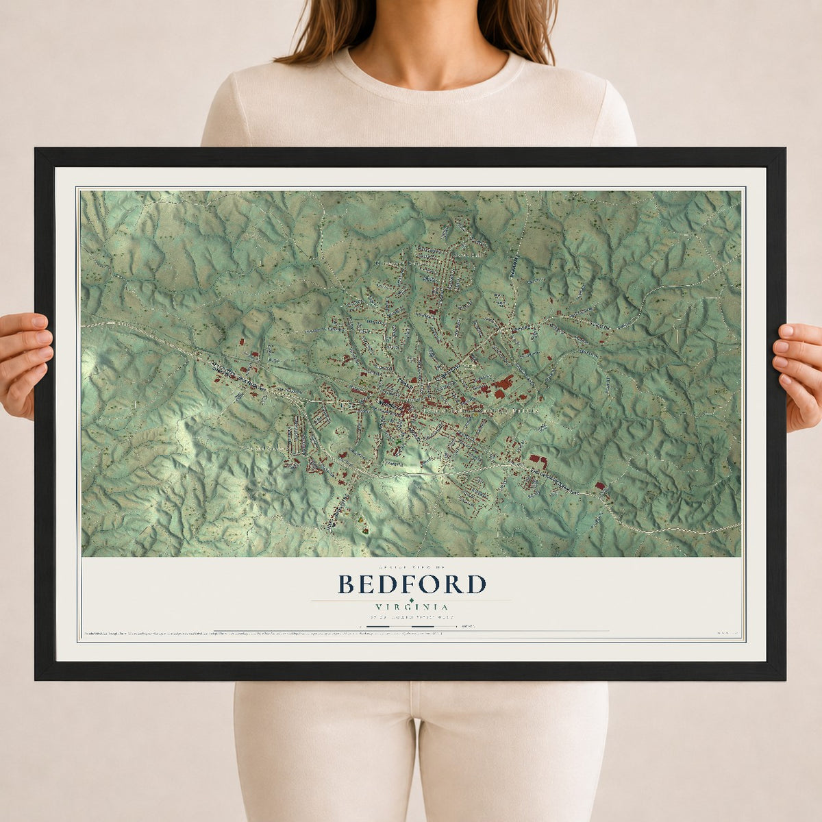 Map of Bedford, Virginia, 18 x 24 inch print in a black wood frame