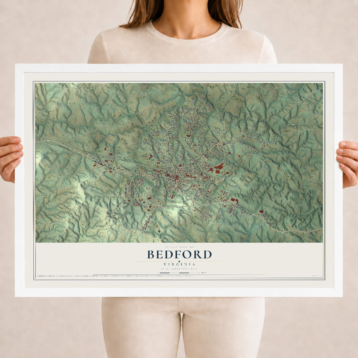 Map of Bedford, Virginia, 18 x 24 inch print in a white wood frame