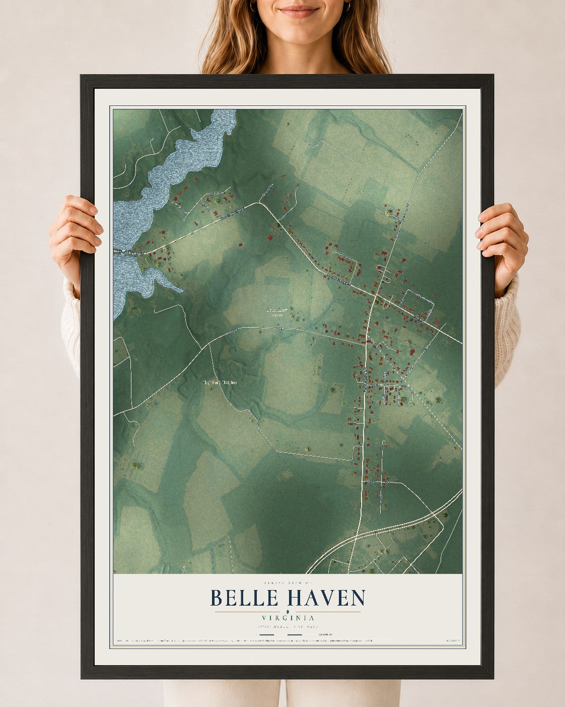 Map of Belle Haven, Virginia, 24 x 36 inch print in a black wood frame