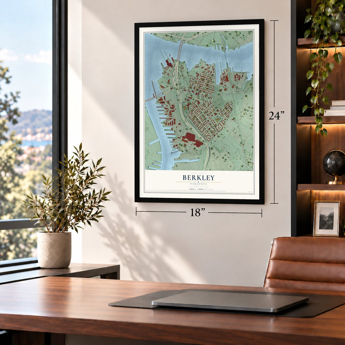 Berkley, Virginia map, 18 x 24 inch print in a black frame in a home office