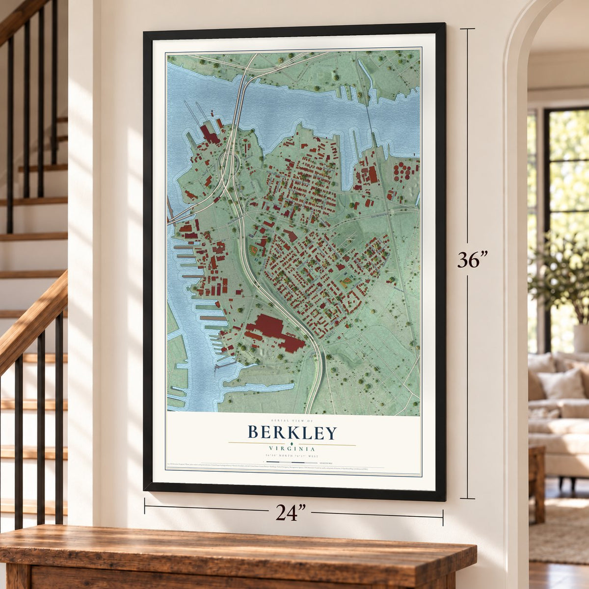 Berkley, Virginia map, 24 x 36 inch print in a black frame by a staircase