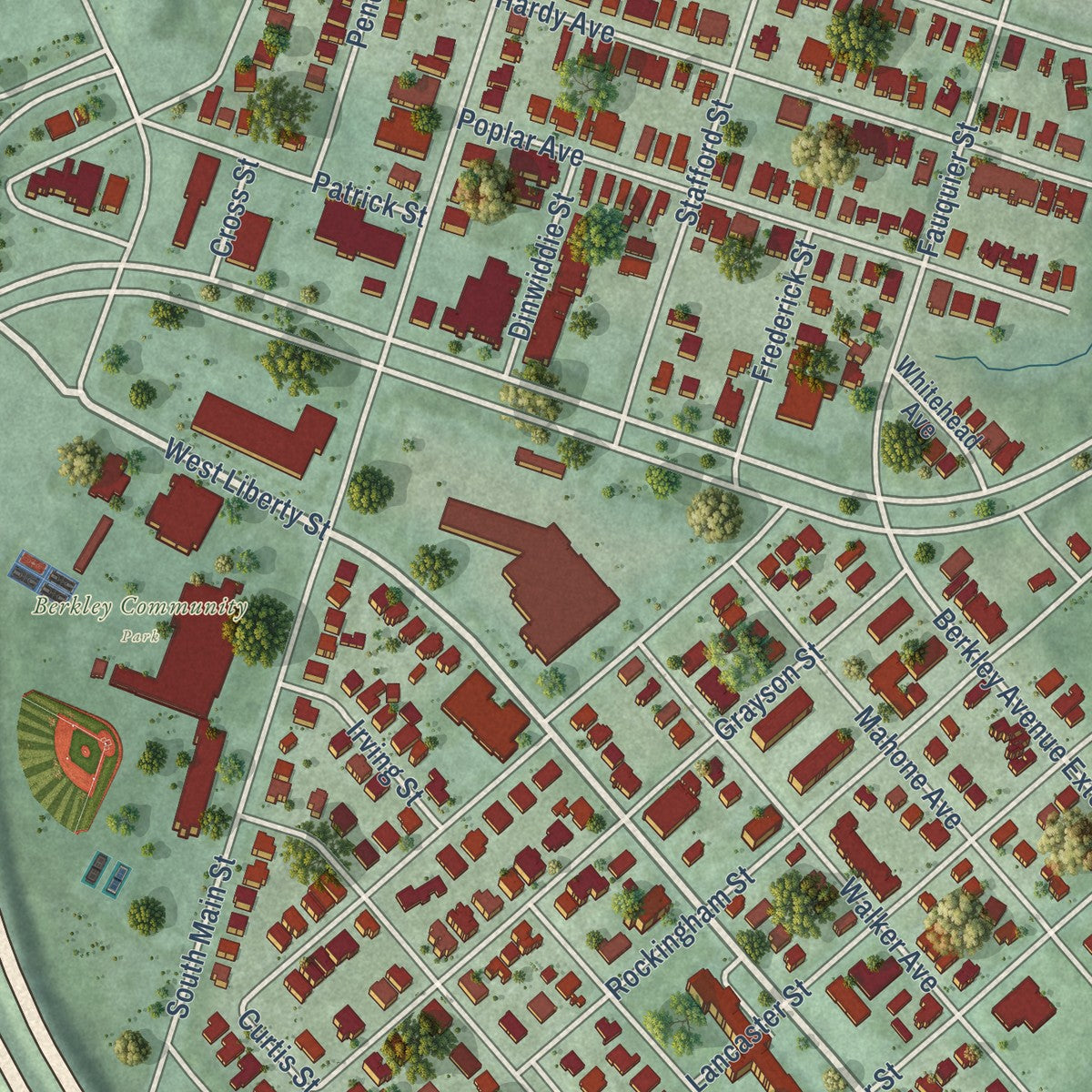 Close-up of the map of Berkley, Virginia print showing street and building detail