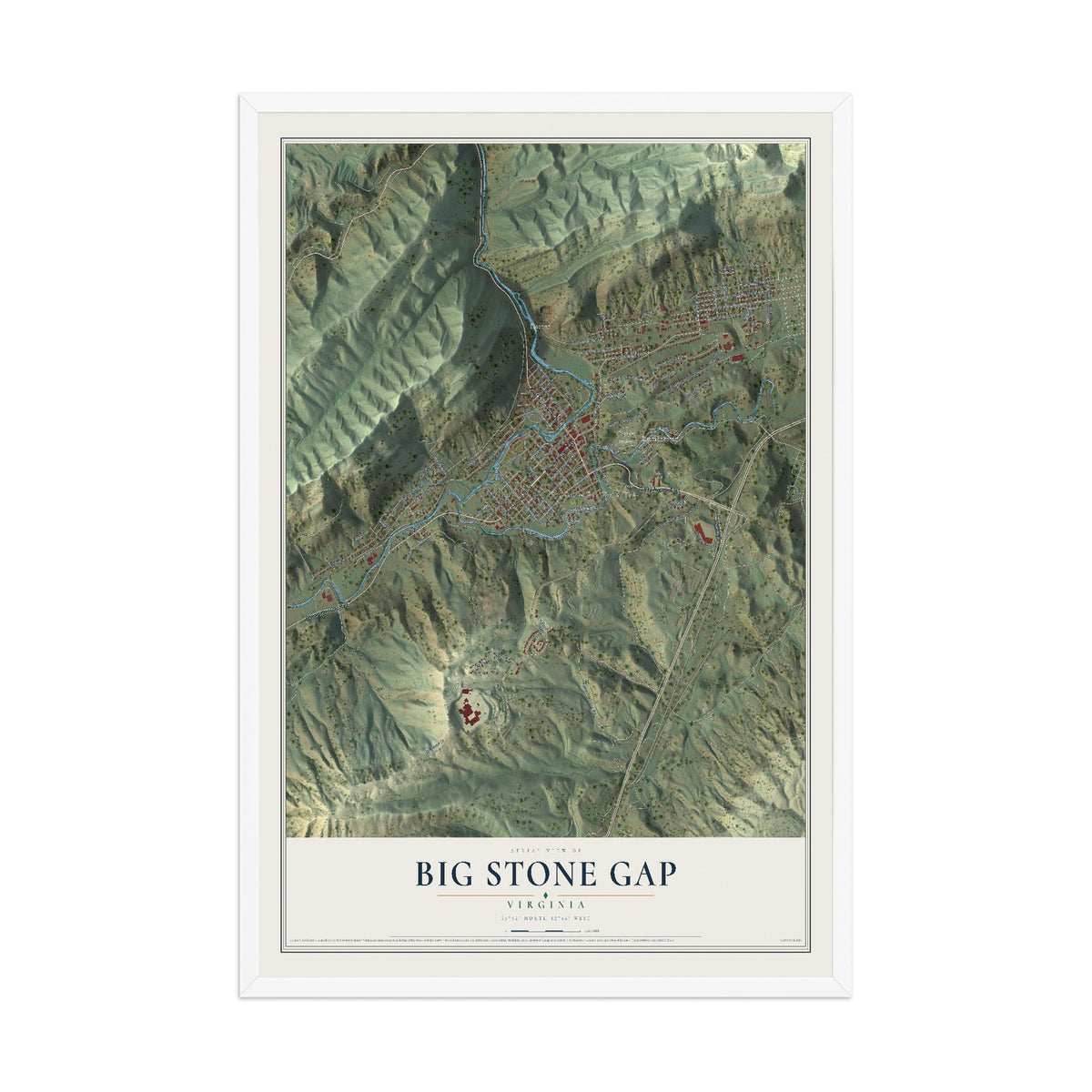 Map of Big Stone Gap, Virginia, 12 x 18 inch print in a white wood frame