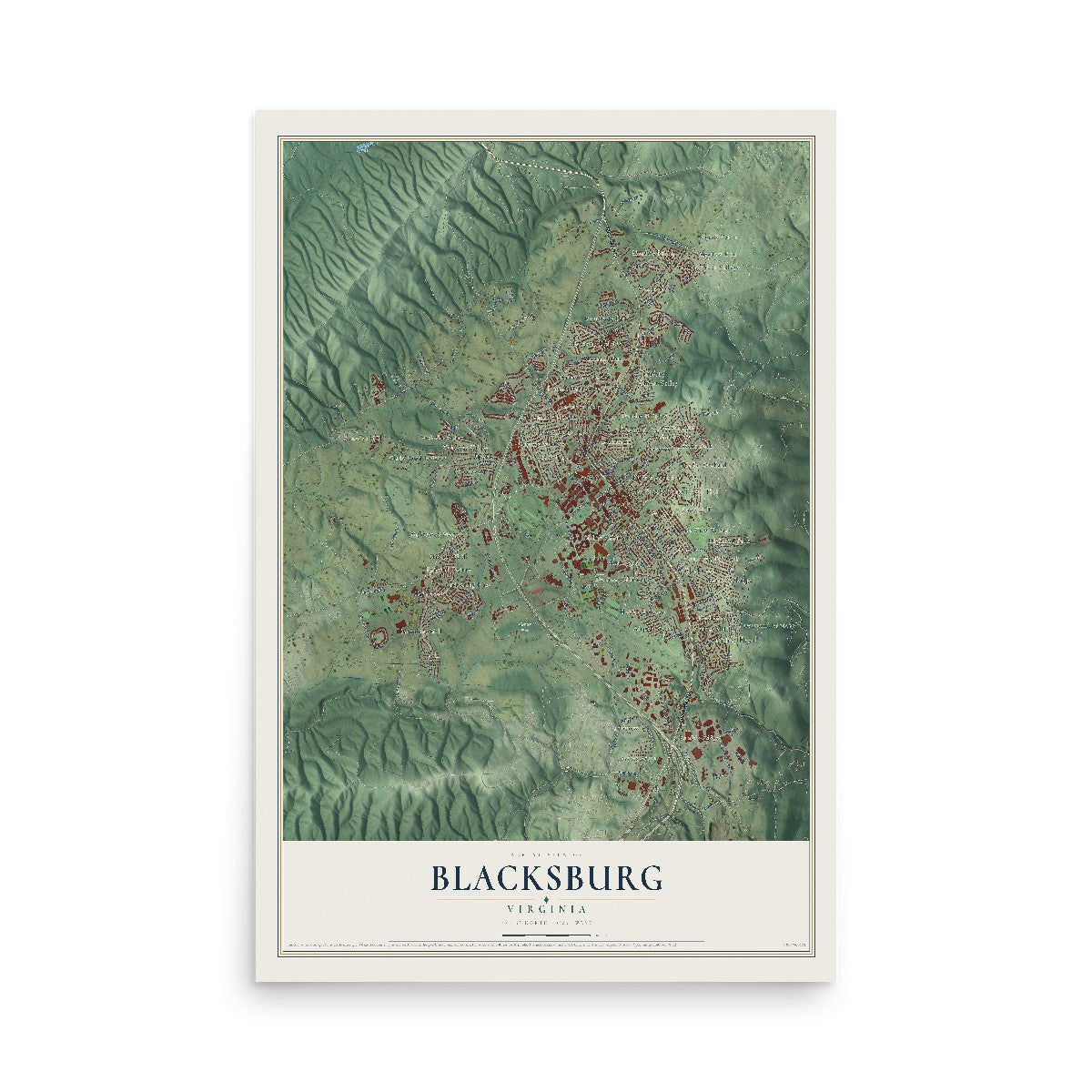 Map of Blacksburg, Virginia, 12 x 18 inch unframed archival matte print