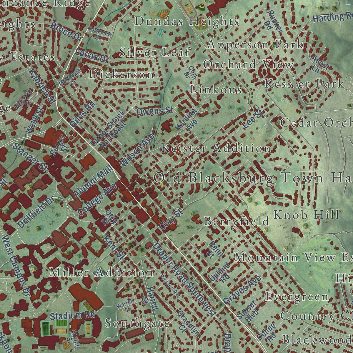 Close-up of the map of Blacksburg, Virginia print showing street and building detail