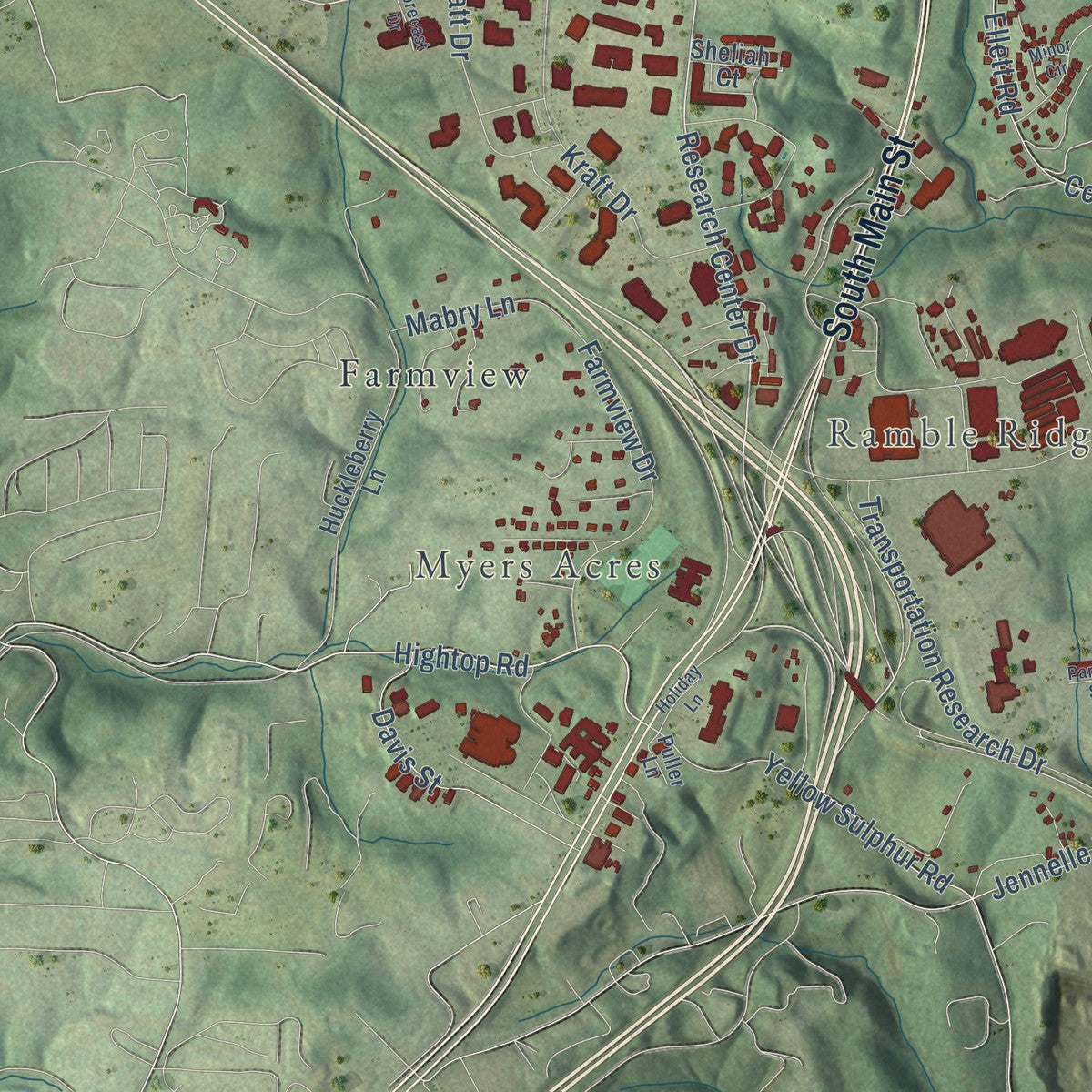 Second close-up of the map of Blacksburg, Virginia print showing more streets and buildings