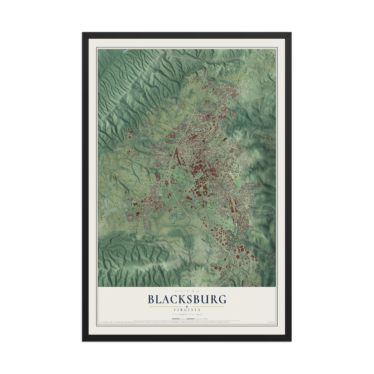 Map of Blacksburg, Virginia, 12 x 18 inch print in a black wood frame