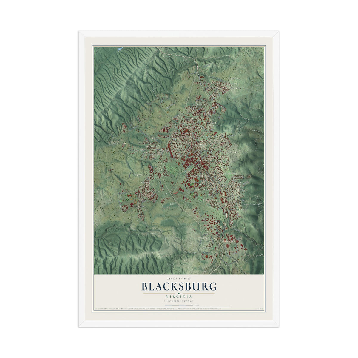Map of Blacksburg, Virginia, 12 x 18 inch print in a white wood frame