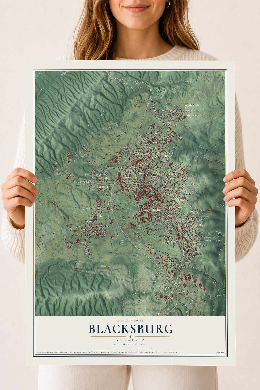 Map of Blacksburg, Virginia, 18 x 24 inch unframed archival matte print