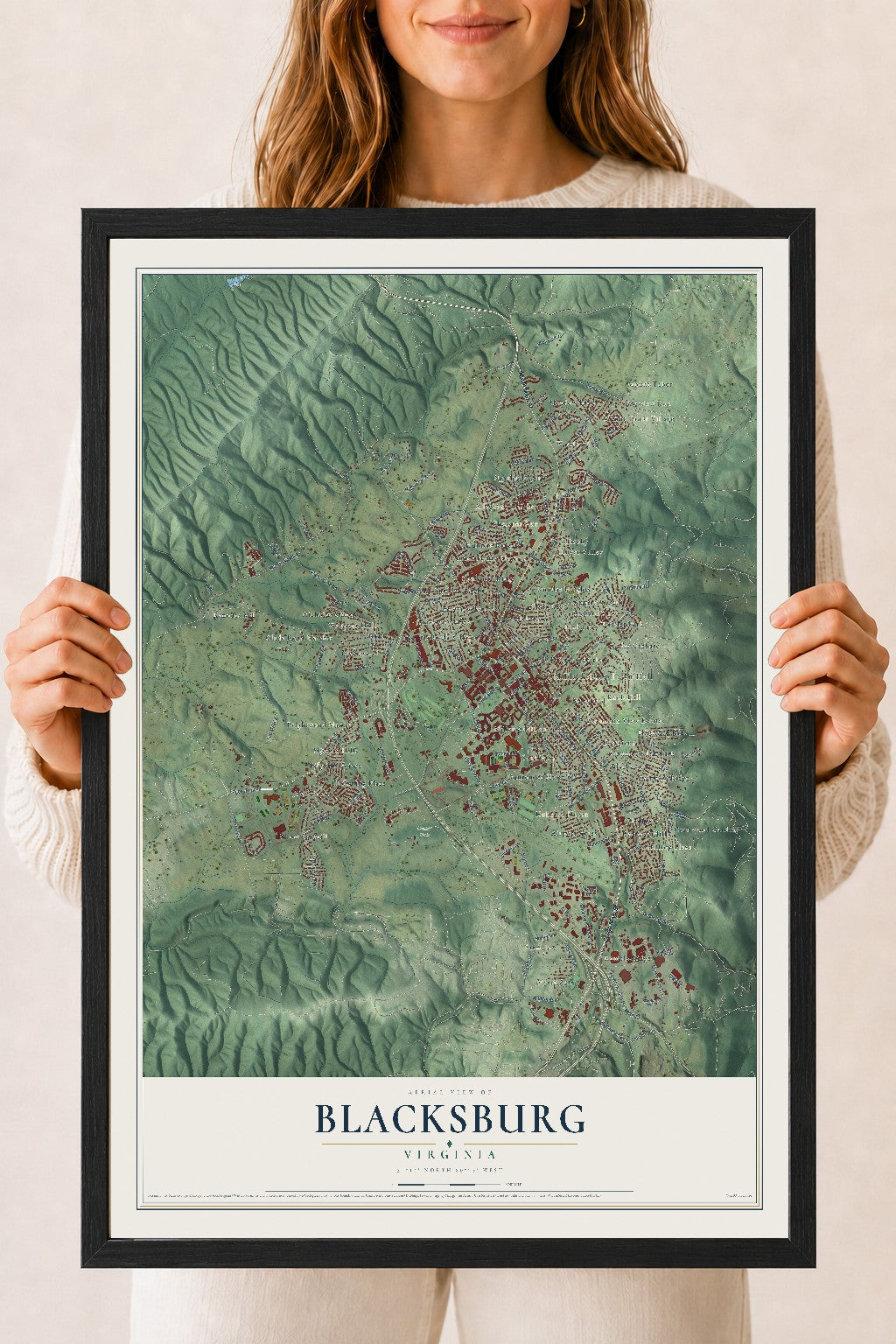 Map of Blacksburg, Virginia, 18 x 24 inch print in a black wood frame