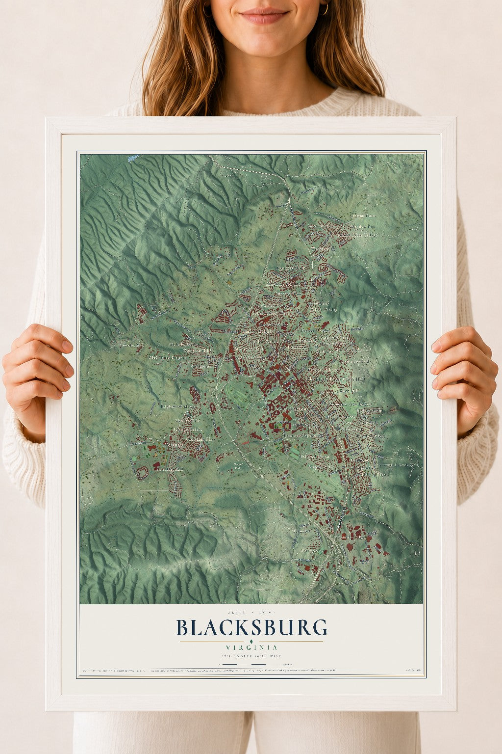 Map of Blacksburg, Virginia, 18 x 24 inch print in a white wood frame