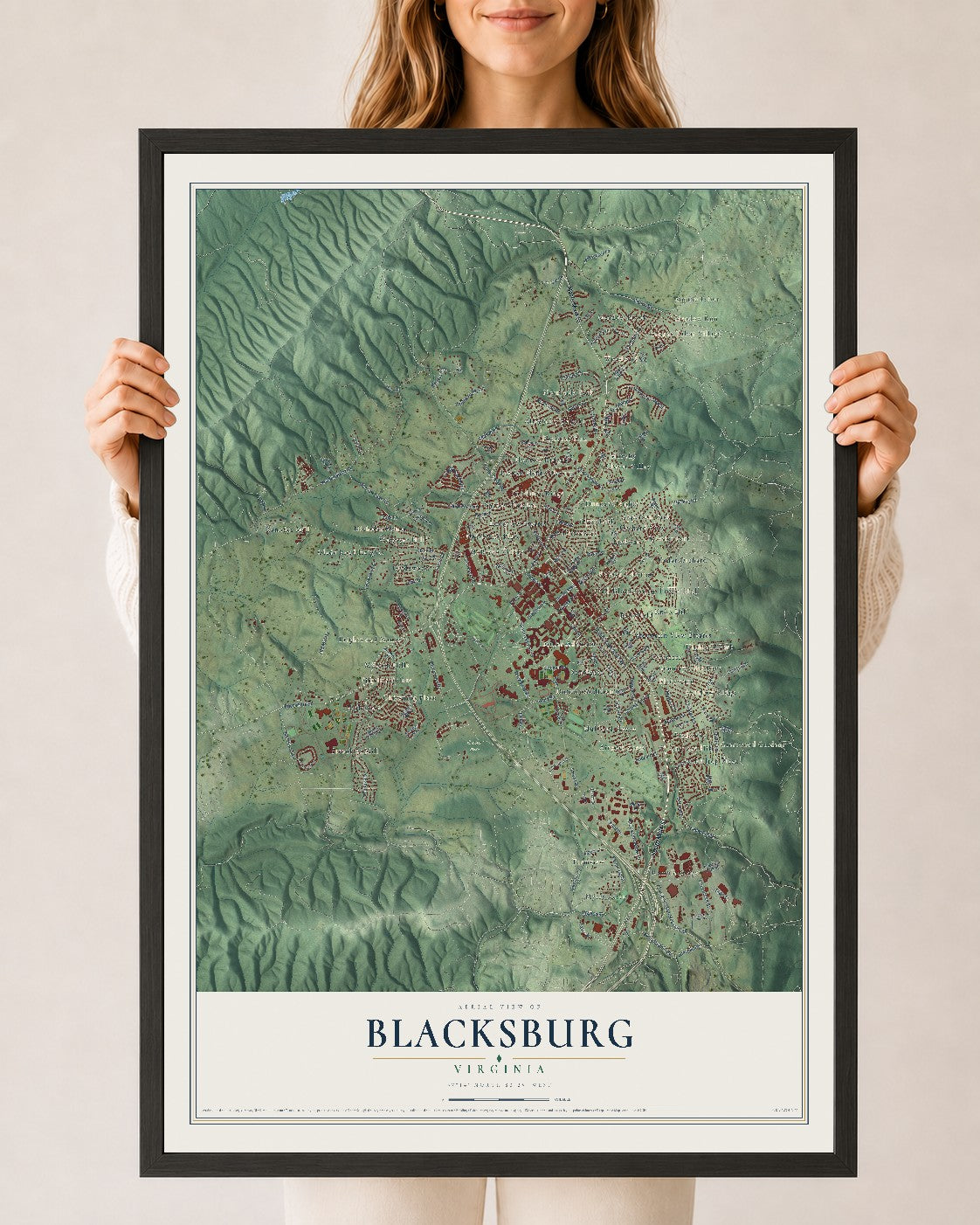 Map of Blacksburg, Virginia, 24 x 36 inch print in a black wood frame