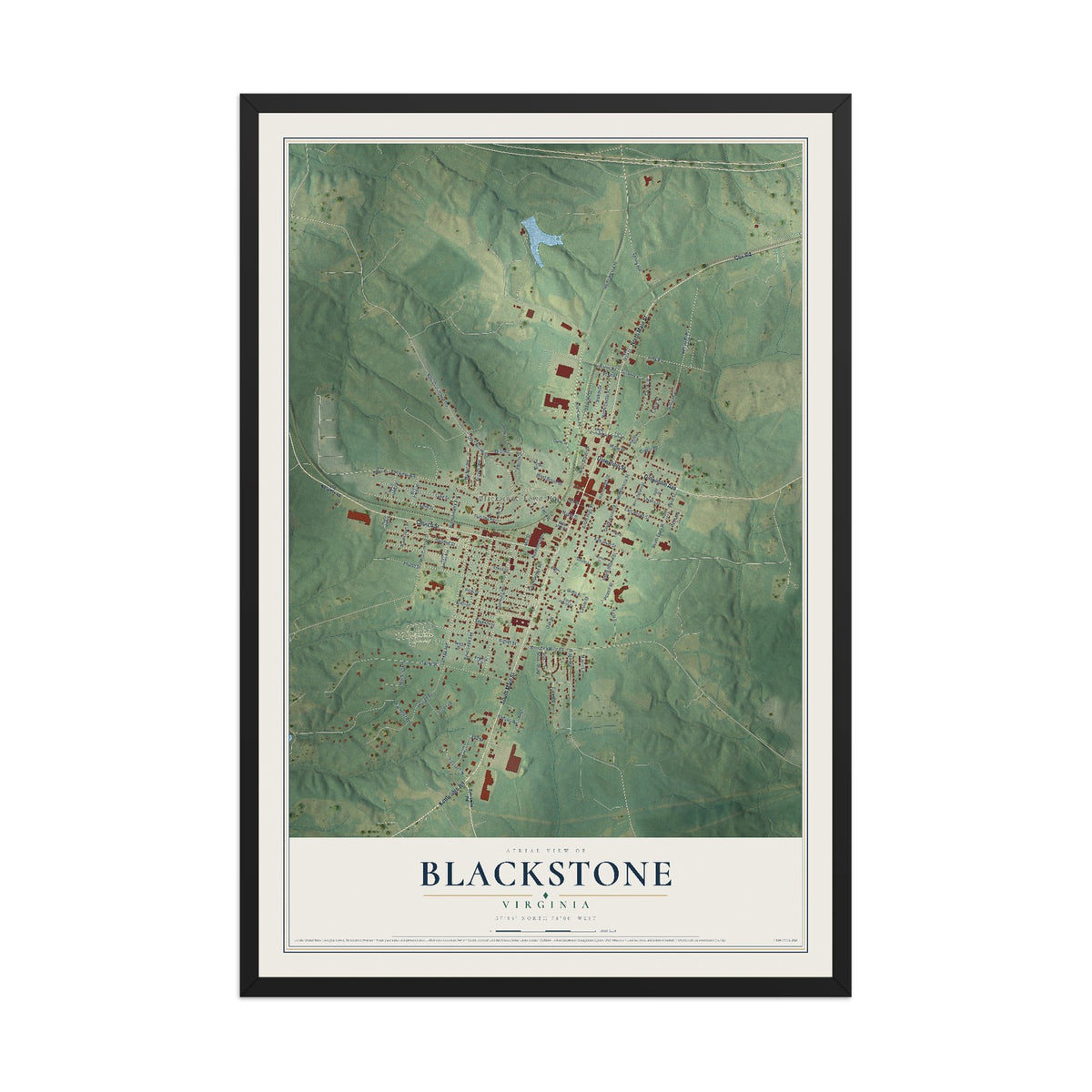Map of Blackstone, Virginia, 12 x 18 inch print in a black wood frame