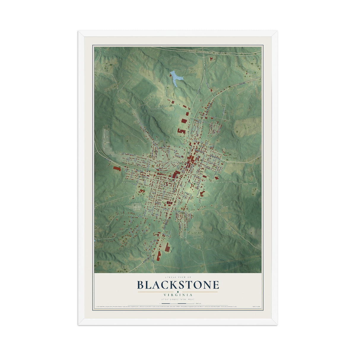Map of Blackstone, Virginia, 12 x 18 inch print in a white wood frame