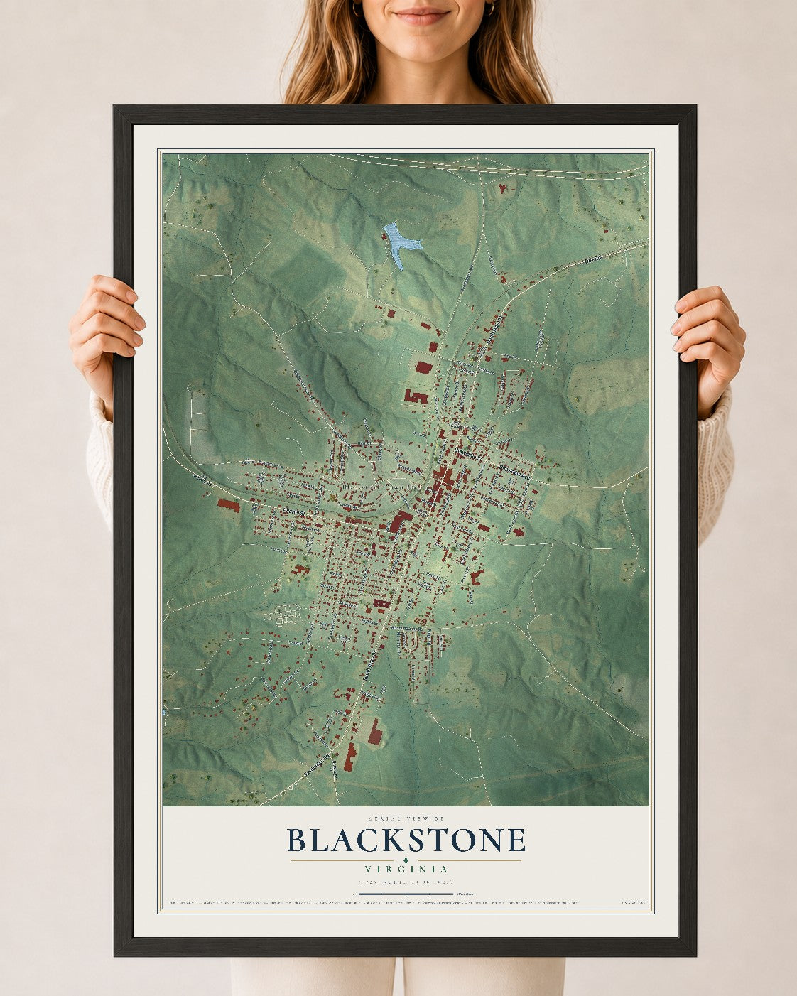 Map of Blackstone, Virginia, 24 x 36 inch print in a black wood frame