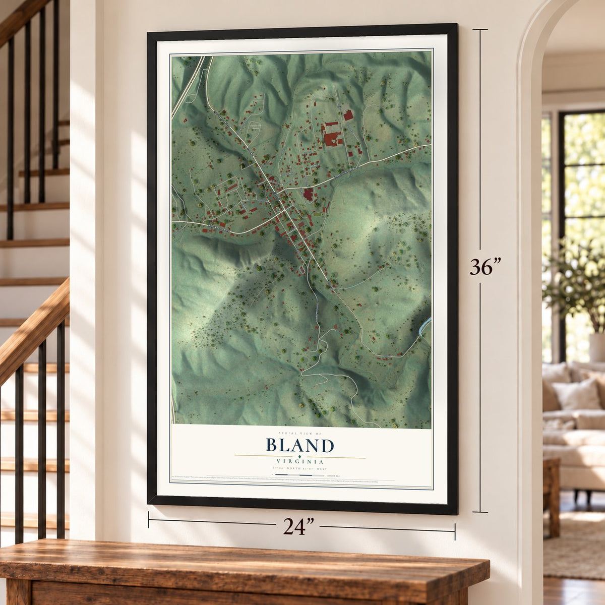Bland, Virginia map, 24 x 36 inch print in a black frame by a staircase