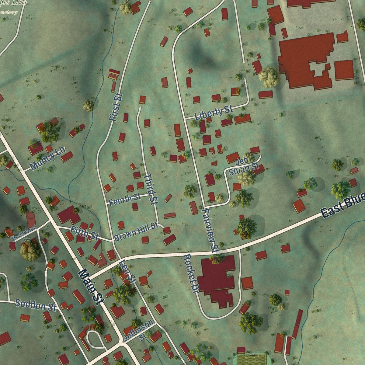 Close-up of the map of Bland, Virginia print showing street and building detail