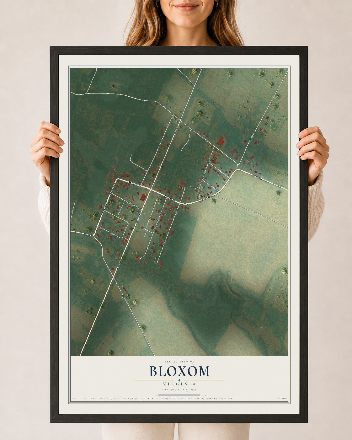 Map of Bloxom, Virginia, 24 x 36 inch print in a black wood frame
