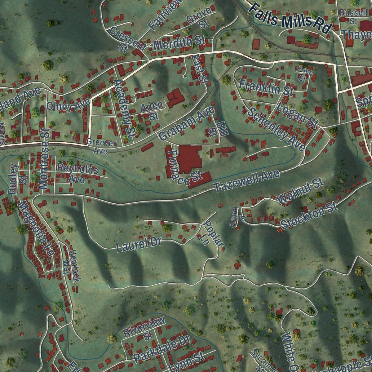 Close-up of the map of Bluefield, Virginia print showing street and building detail