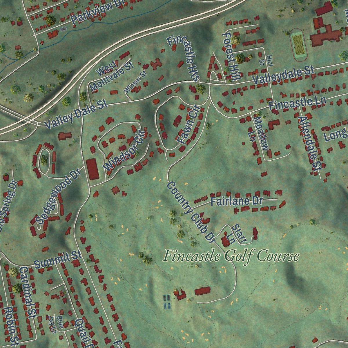 Second close-up of the map of Bluefield, Virginia print showing more streets and buildings