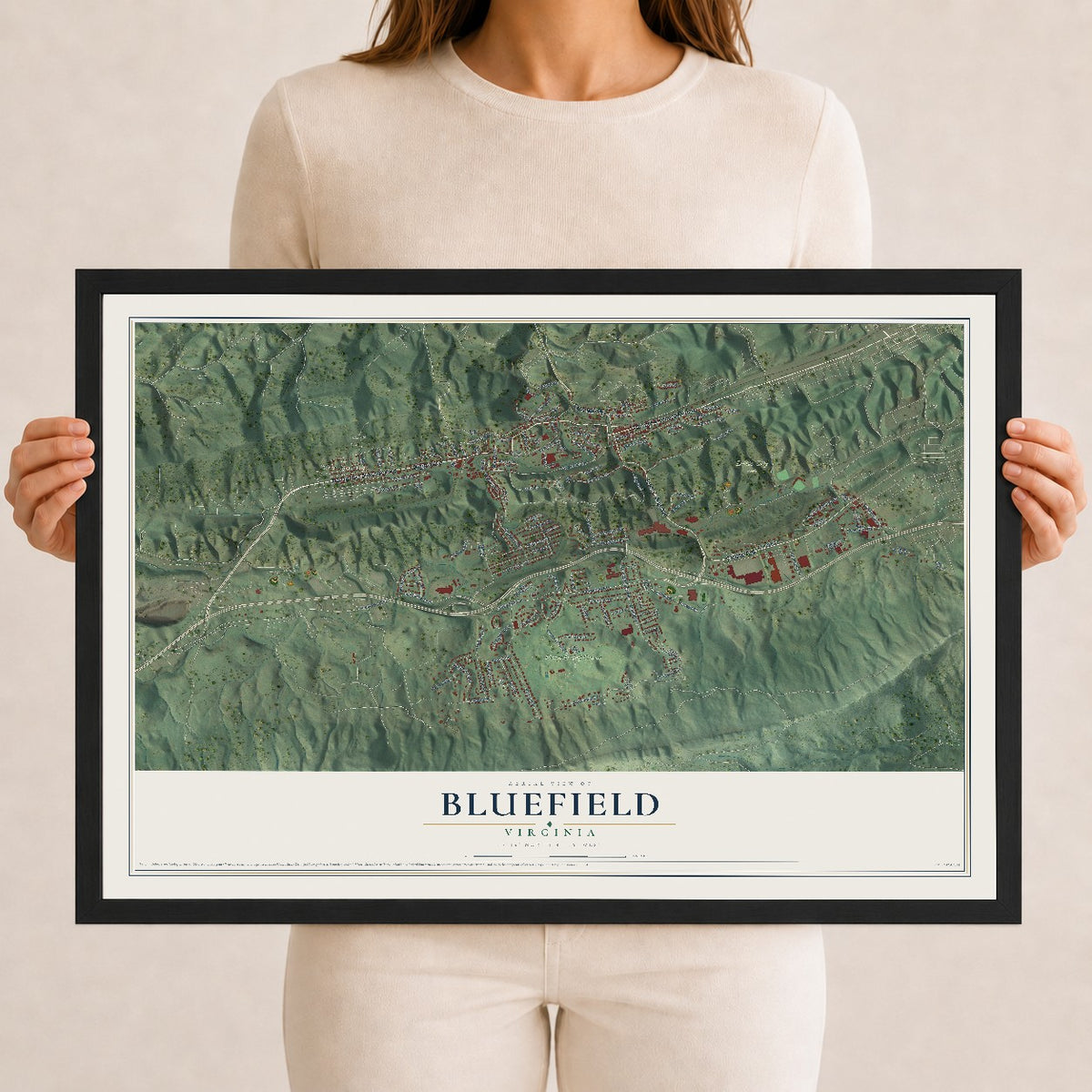 Map of Bluefield, Virginia, 12 x 18 inch print in a black wood frame