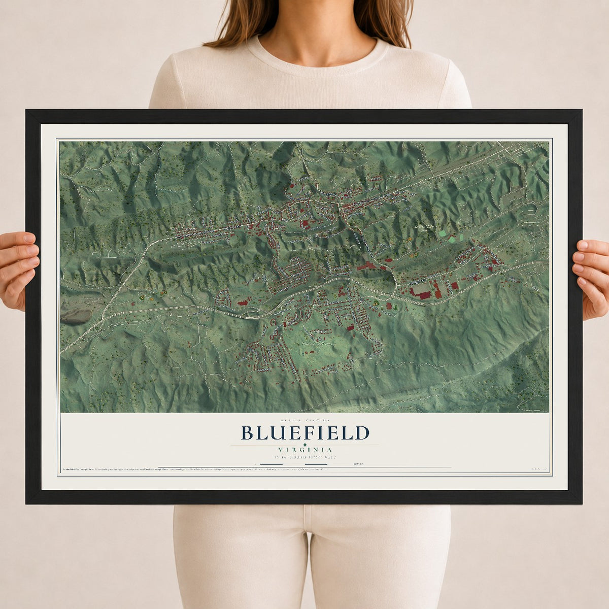 Map of Bluefield, Virginia, 18 x 24 inch print in a black wood frame