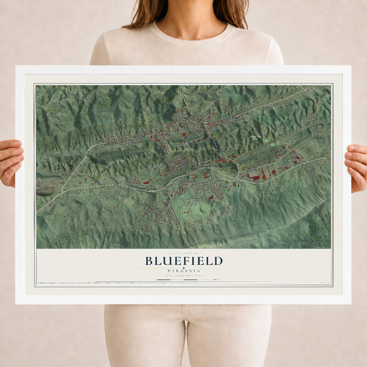 Map of Bluefield, Virginia, 18 x 24 inch print in a white wood frame