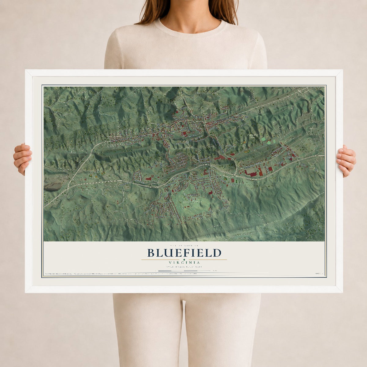 Map of Bluefield, Virginia, 24 x 36 inch print in a white wood frame