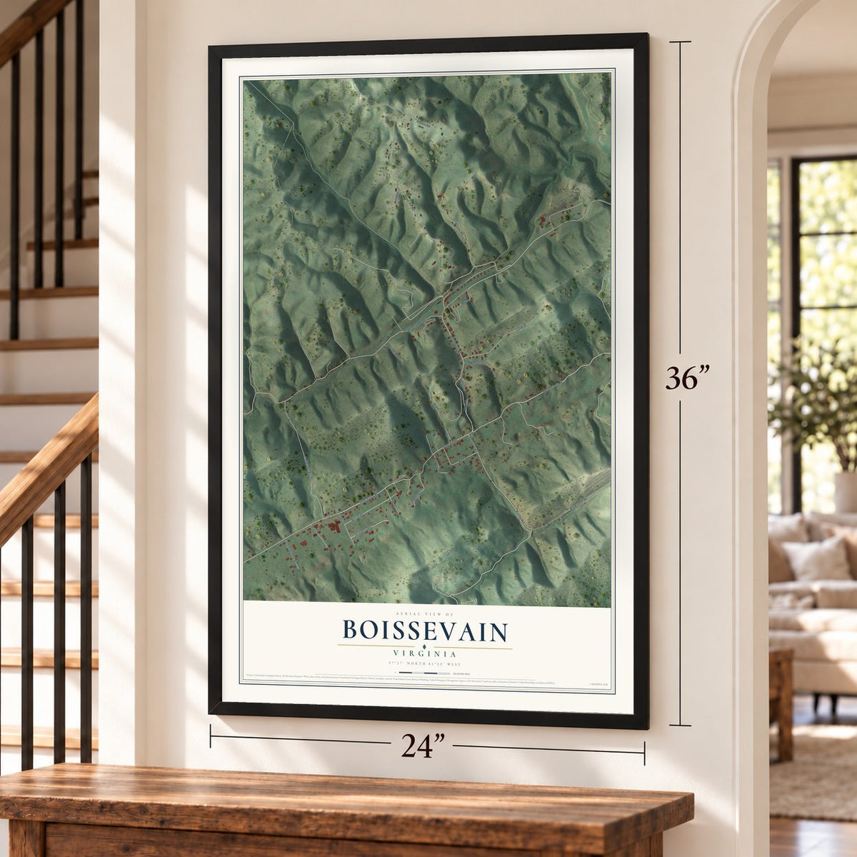 Boissevain, Virginia map, 24 x 36 inch print in a black frame by a staircase