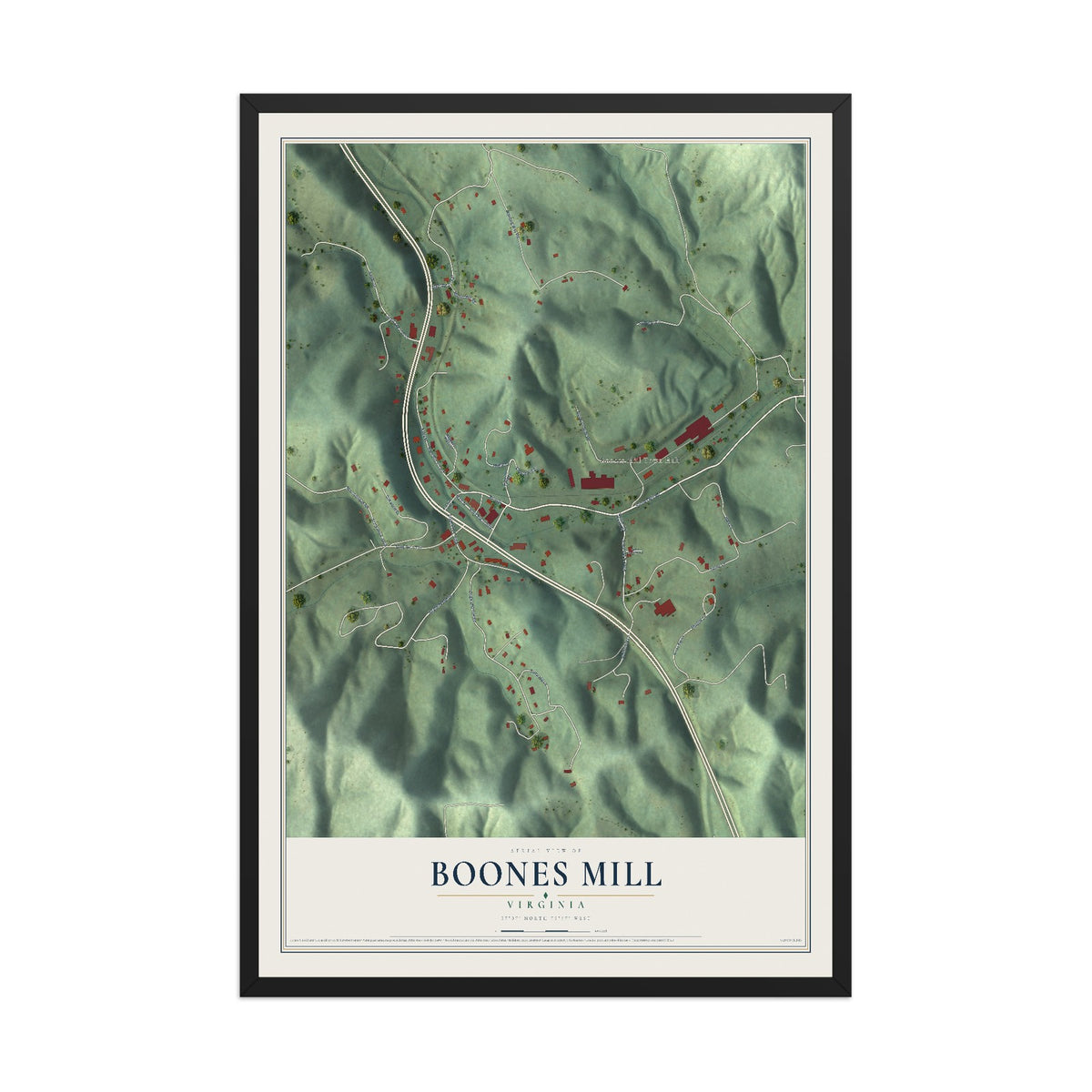 Map of Boones Mill, Virginia, 12 x 18 inch print in a black wood frame